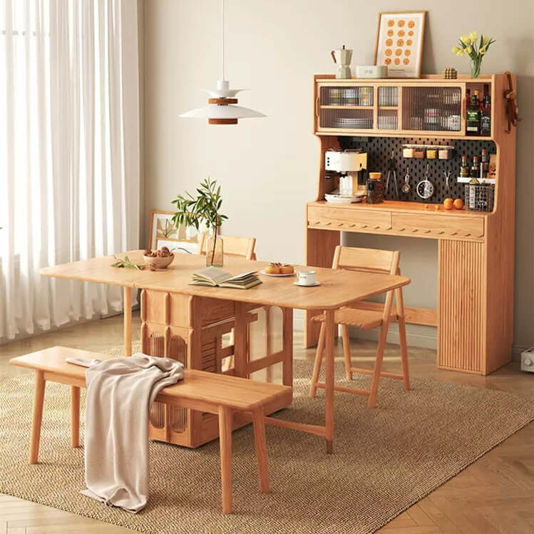 Solid Wood Drop Leaf Dining Set With Storage Cabinet