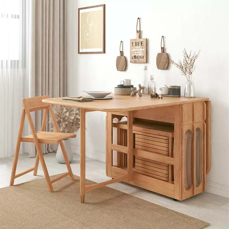 Solid Wood Drop Leaf Dining Set With Storage Cabinet