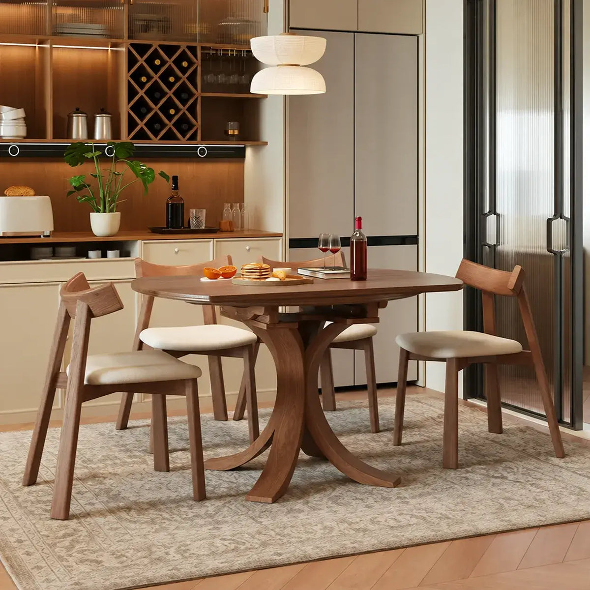 Solid Wood Extendable Dining Table with Sculptural Pedestal for Small Spaces