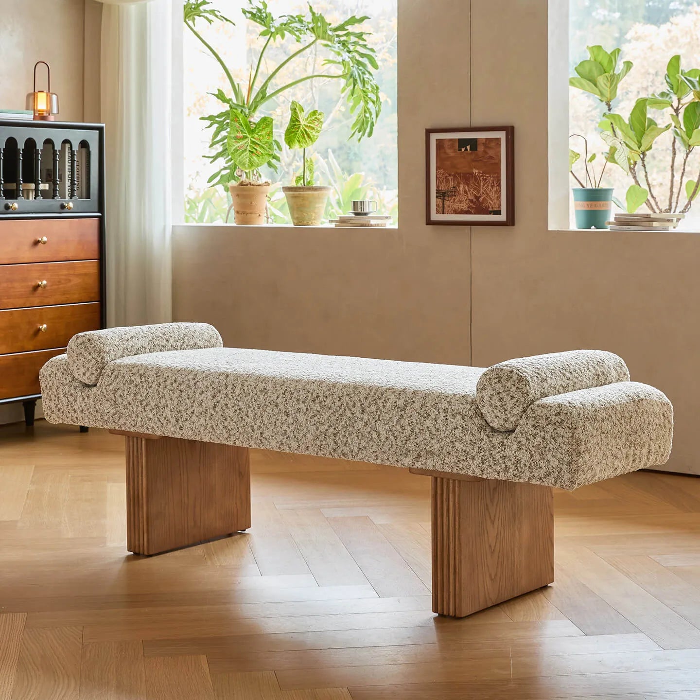 Solid Wood Fabric Bench with Sculptural Cloud-Edge Arms