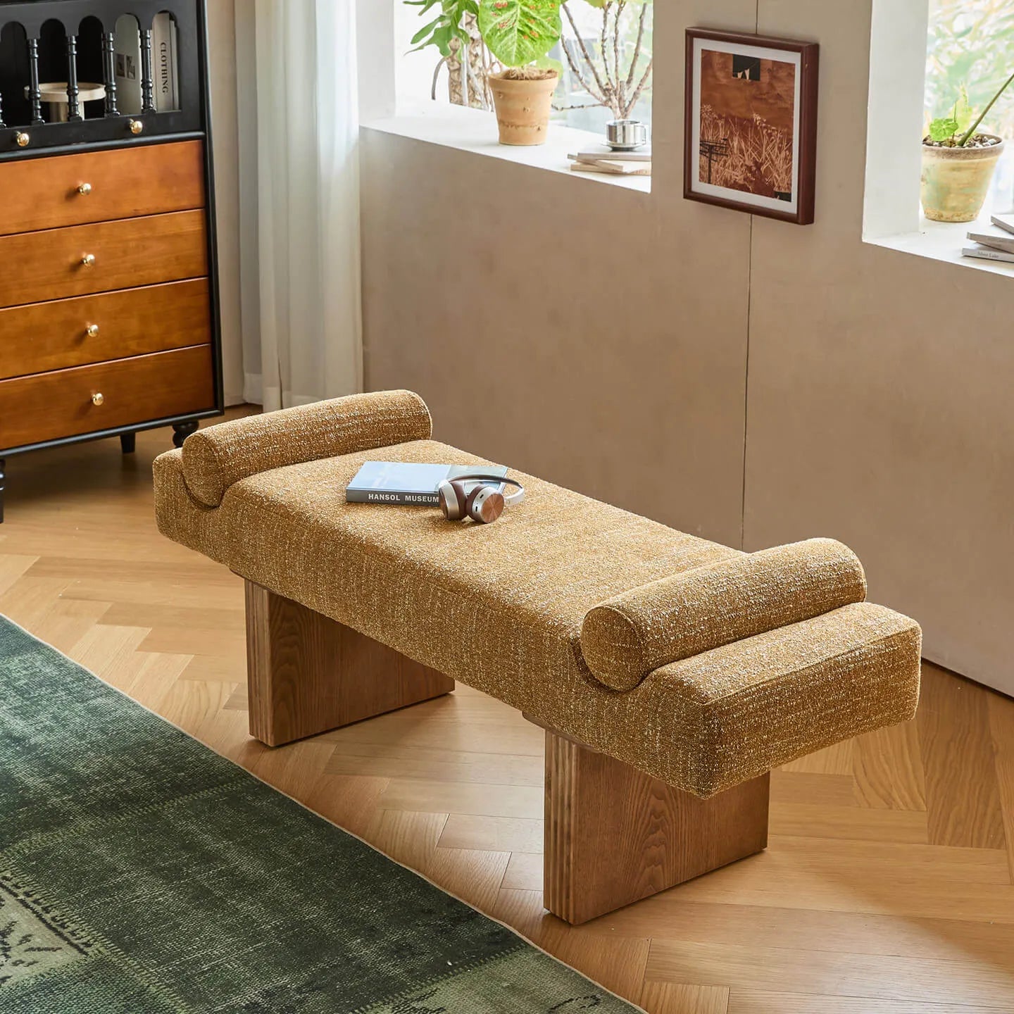 Solid Wood Fabric Bench with Sculptural Cloud-Edge Arms