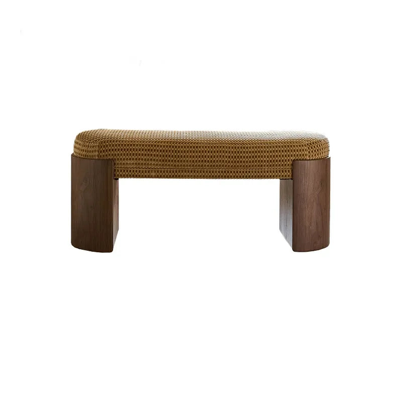 Solid Wood Fabric Bench with Vintage Walnut Frame and Sculptural Ends