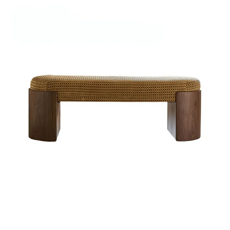 Solid Wood Fabric Bench with Vintage Walnut Frame and Sculptural Ends