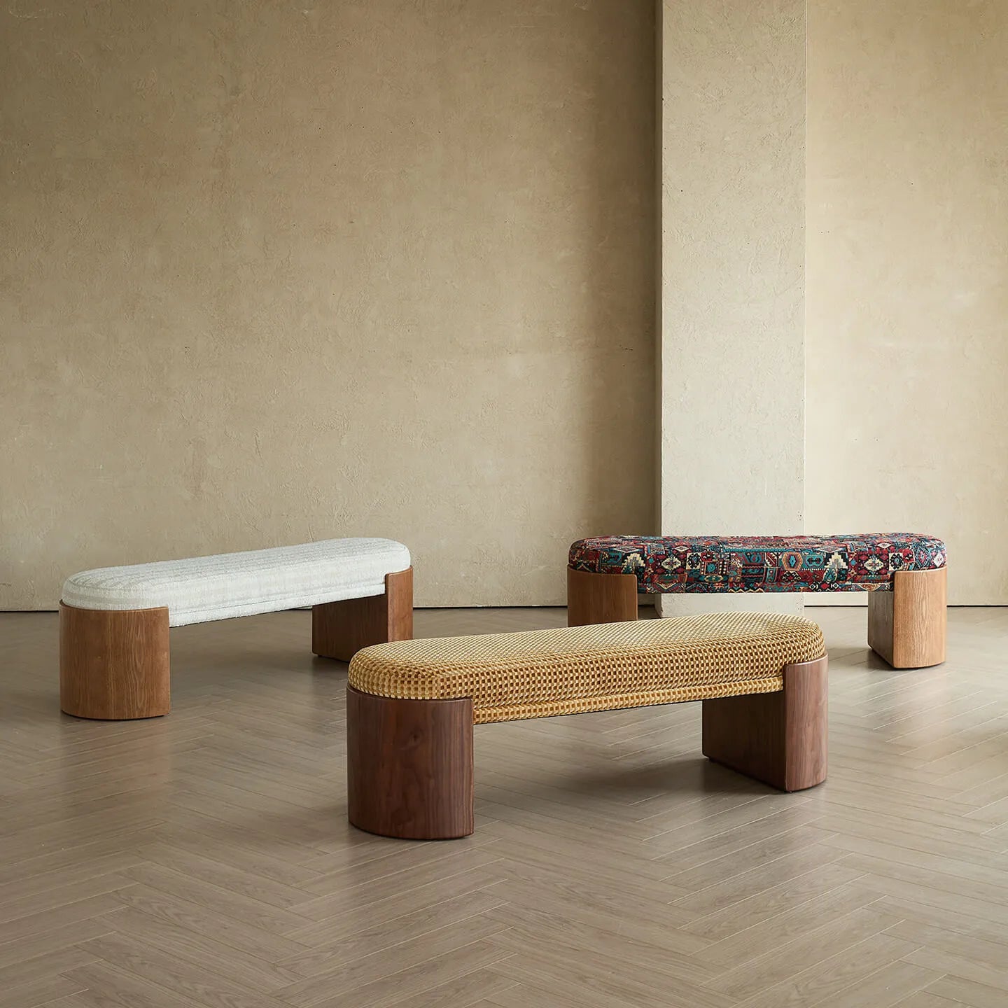 Solid Wood Fabric Bench with Vintage Walnut Frame and Sculptural Ends