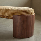 Solid Wood Fabric Bench with Vintage Walnut Frame and Sculptural Ends