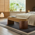 Solid Wood Fabric Bench with Vintage Walnut Frame and Sculptural Ends