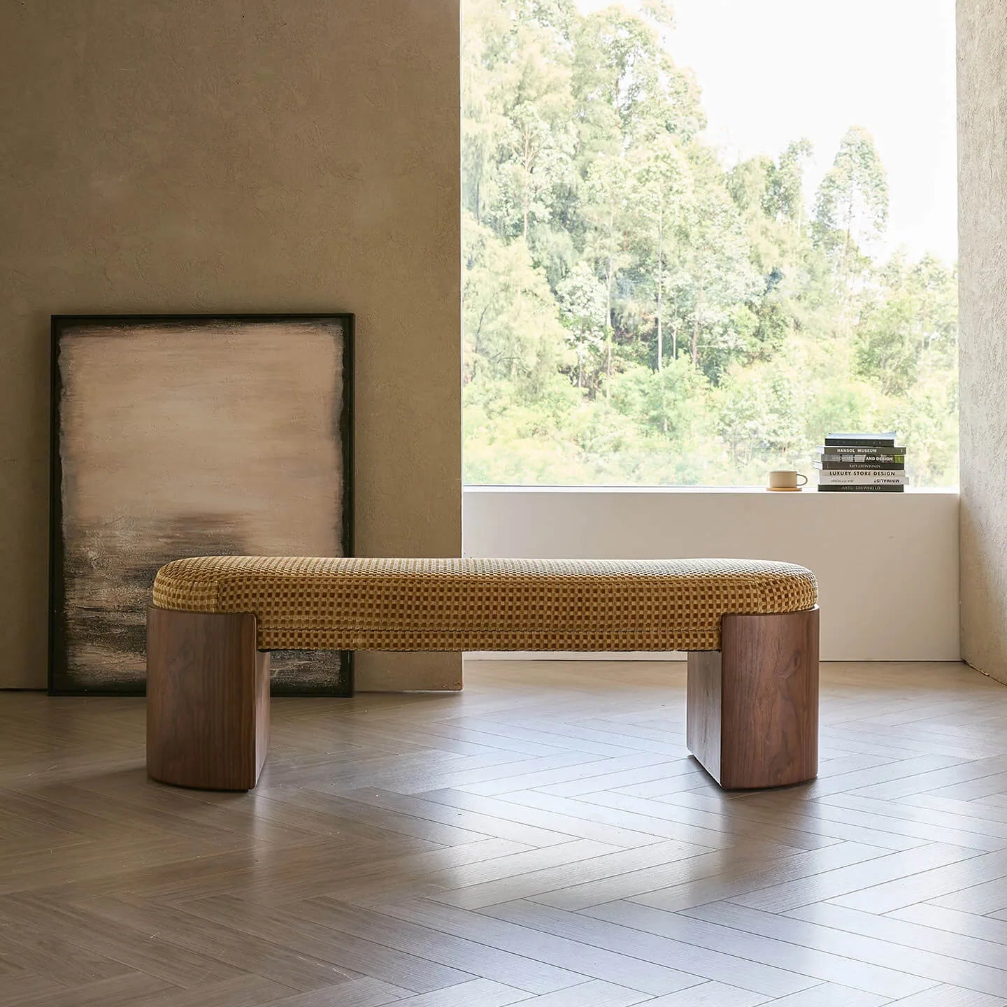 Solid Wood Fabric Bench with Vintage Walnut Frame and Sculptural Ends