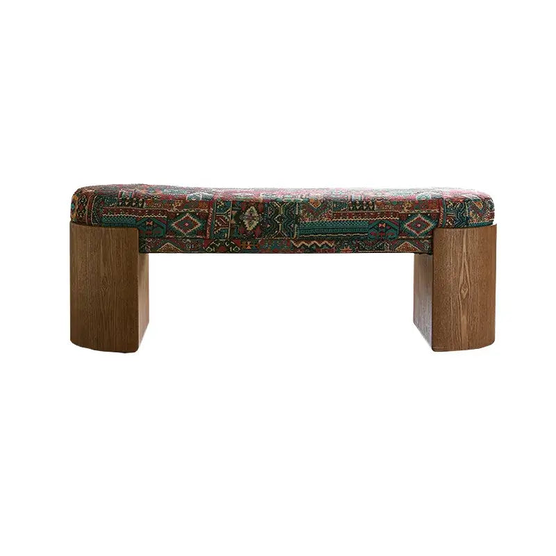 Solid Wood Fabric Bench with Vintage Walnut Frame and Sculptural Ends
