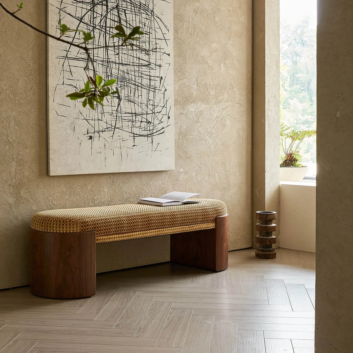 Solid Wood Fabric Bench with Vintage Walnut Frame and Sculptural Ends