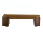 Solid Wood Fabric Bench with Vintage Walnut Frame and Sculptural Ends
