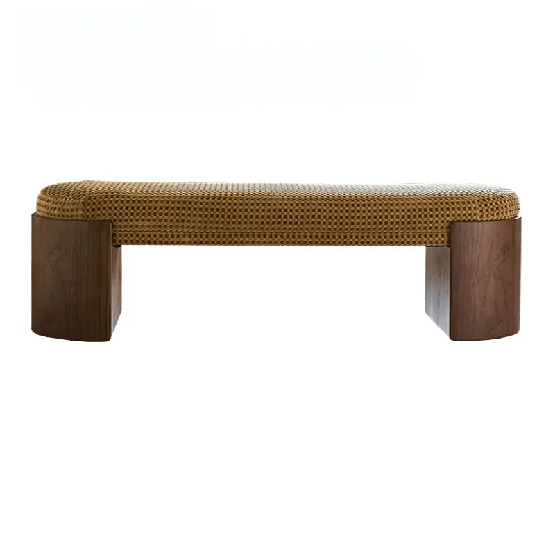 Solid Wood Fabric Bench with Vintage Walnut Frame and Sculptural Ends