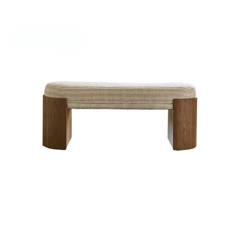 Solid Wood Fabric Bench with Vintage Walnut Frame and Sculptural Ends