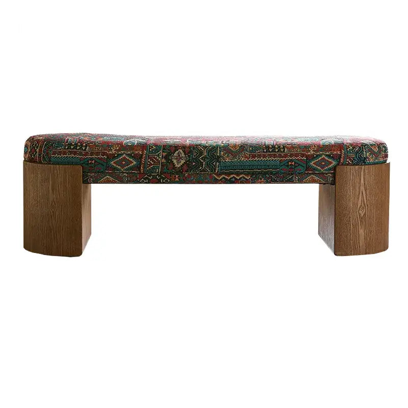 Solid Wood Fabric Bench with Vintage Walnut Frame and Sculptural Ends