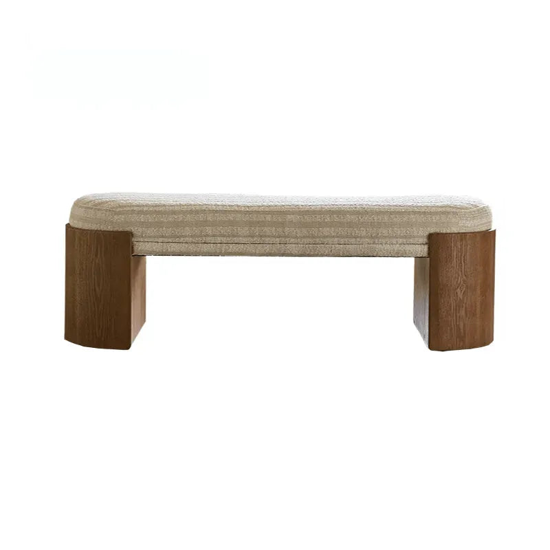 Solid Wood Fabric Bench with Vintage Walnut Frame and Sculptural Ends