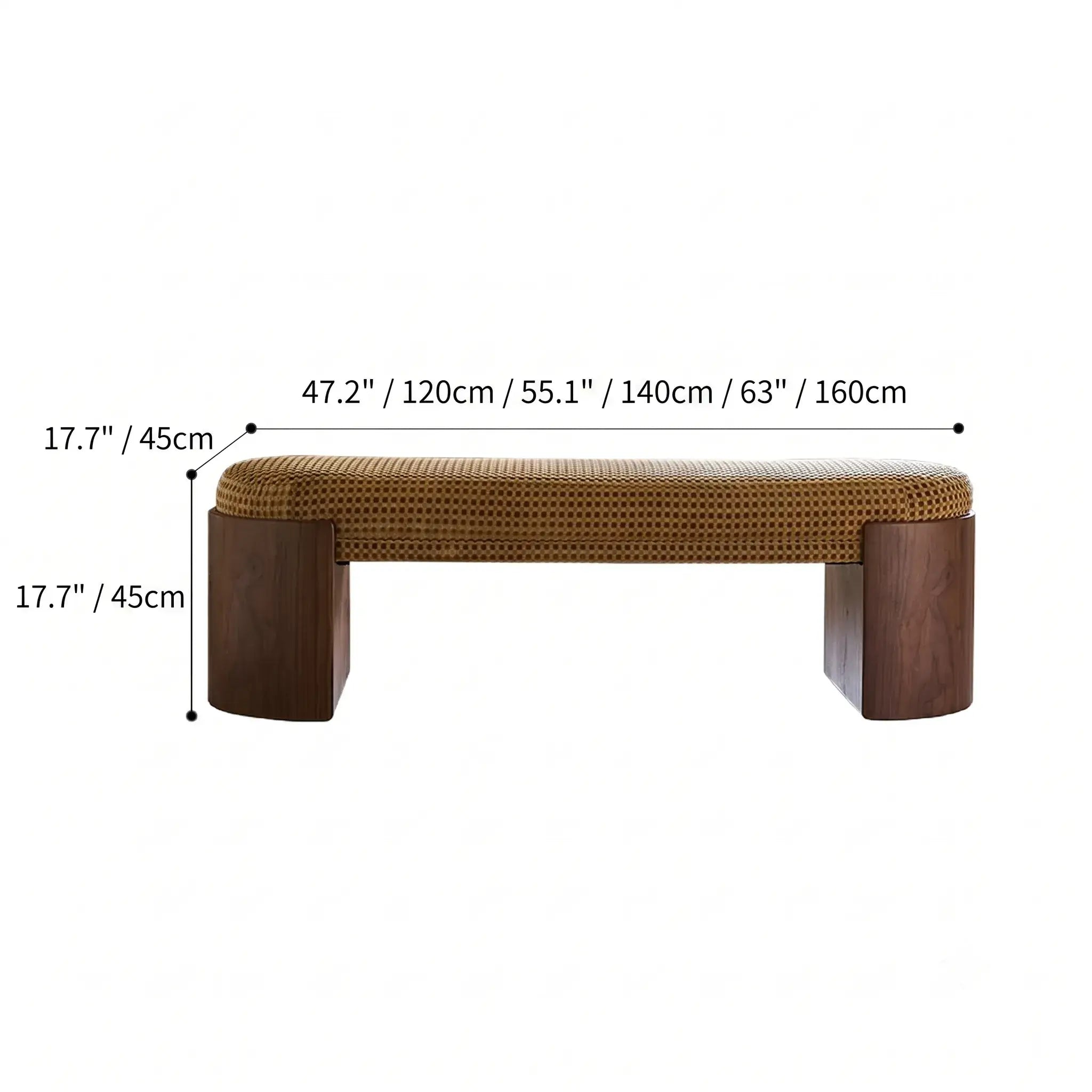 Solid Wood Fabric Bench with Vintage Walnut Frame and Sculptural Ends Dimensions