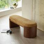 Solid Wood Fabric Bench with Vintage Walnut Frame and Sculptural Ends Main Product Image