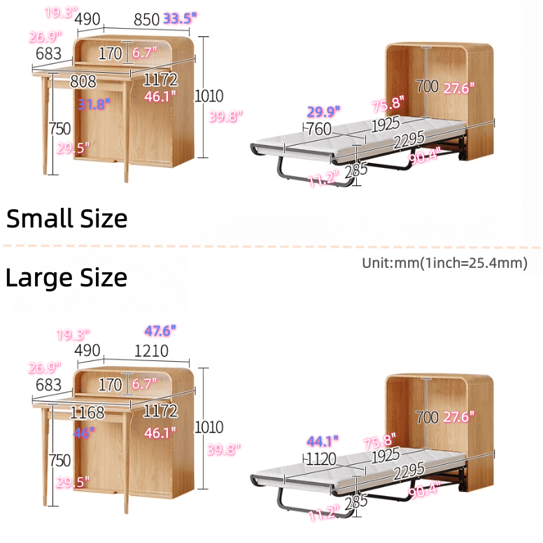 Solid Wood Foldable Desk & Hidden Bed - Small Size