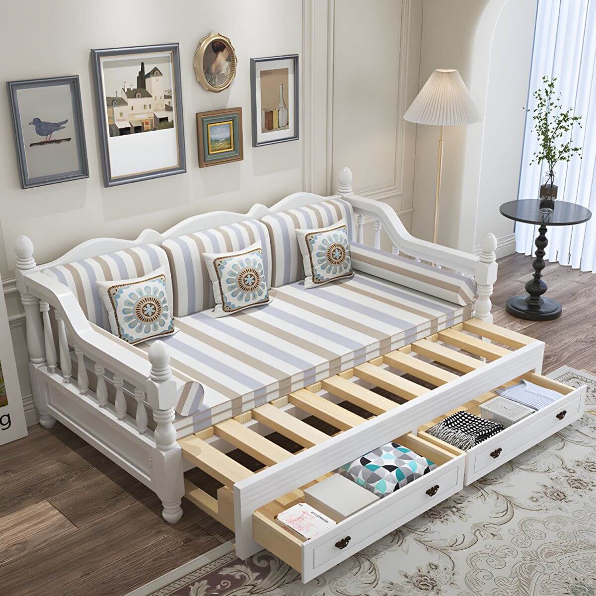 Solid Wood French Country Sleeper Sofa with Integrated Storage Drawers Secondary image