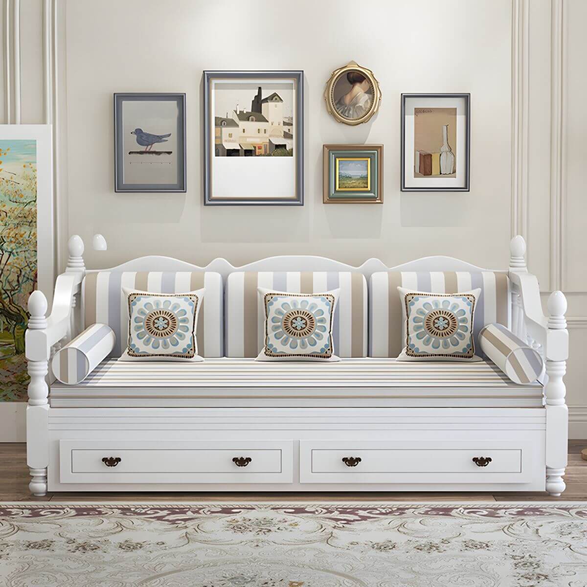 Solid Wood French Country Sleeper Sofa with Integrated Storage Drawers Main Product Image Main image