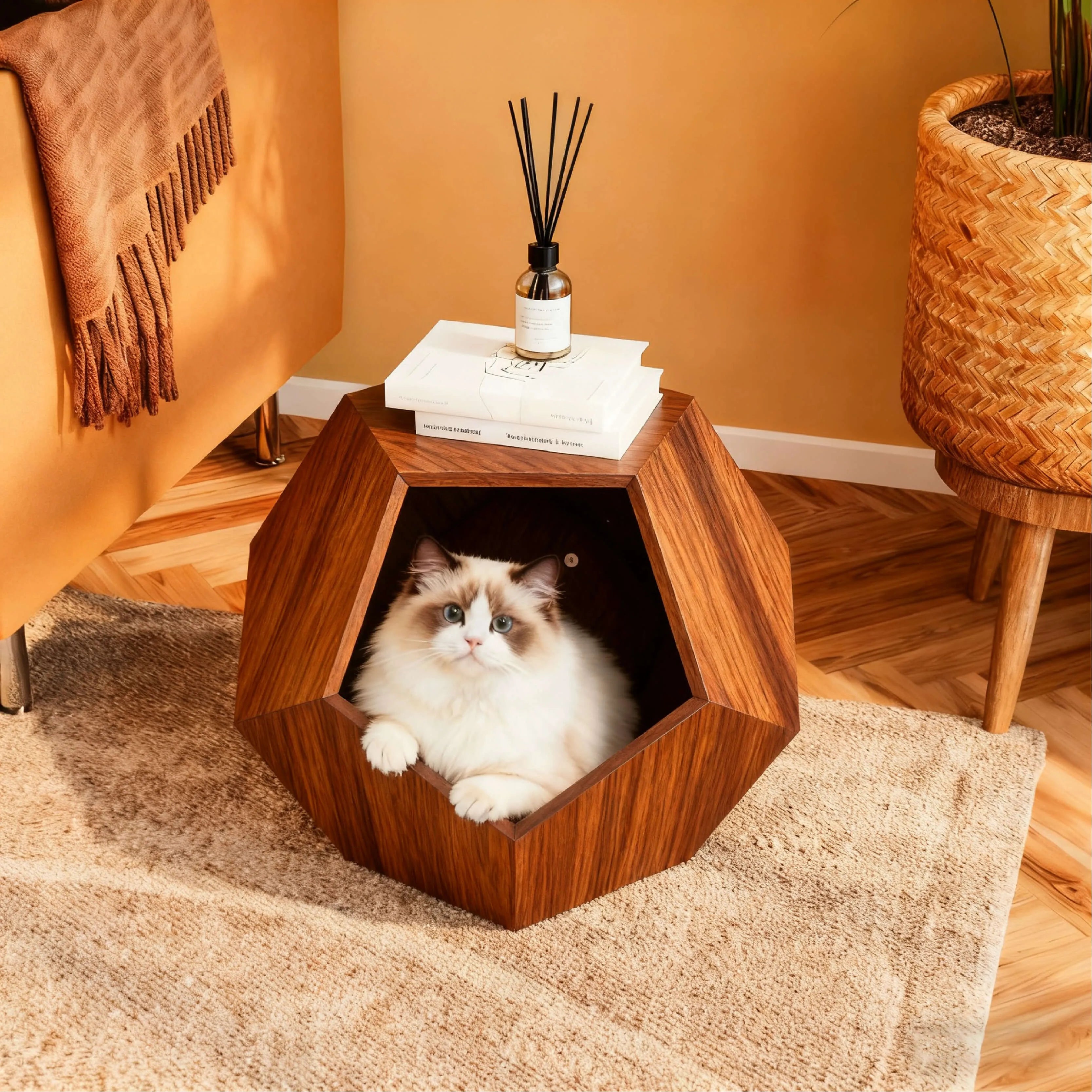 Solid Wood Geometric Cat House Side Table for Cozy Modern Homes