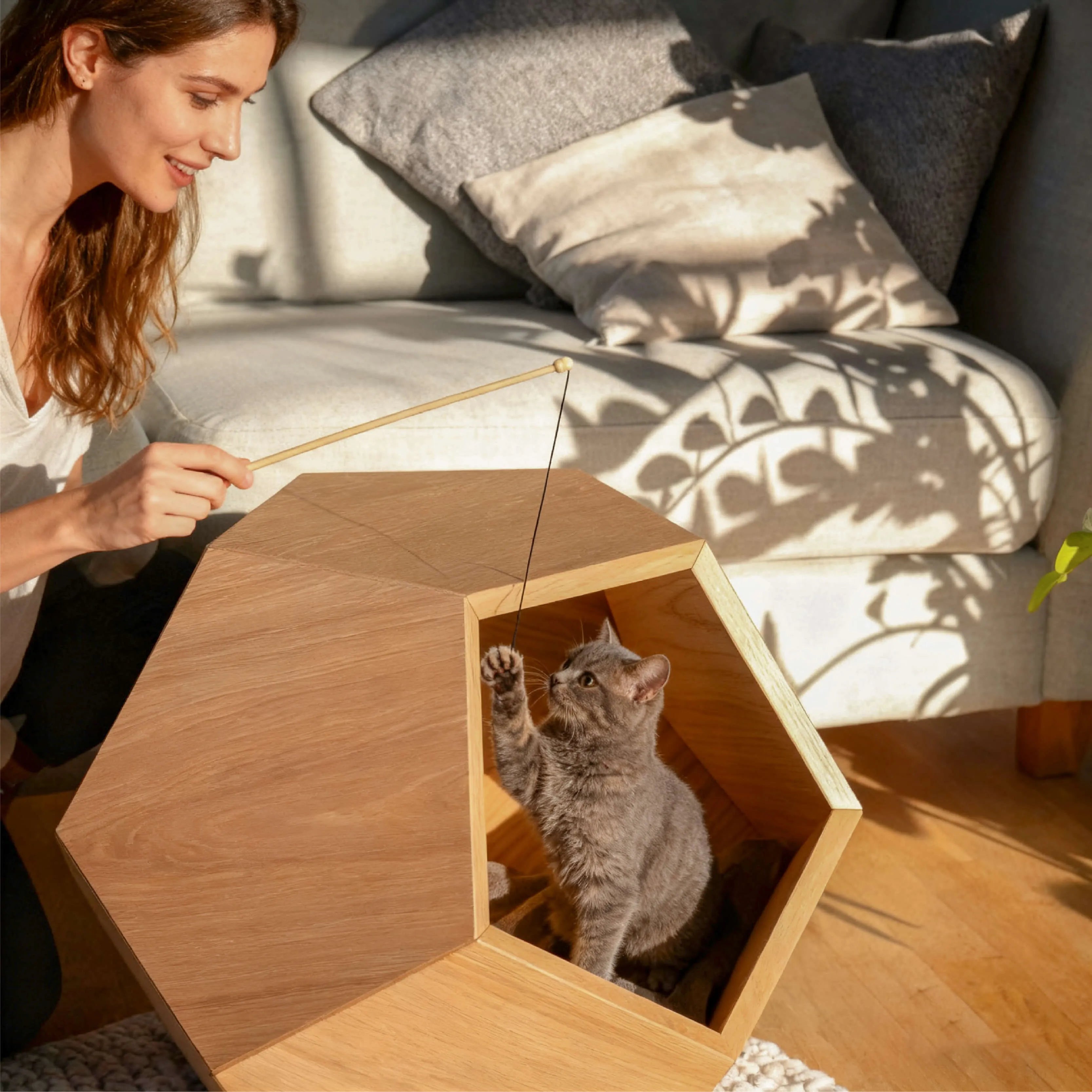 Solid Wood Geometric Cat House Side Table for Cozy Modern Homes