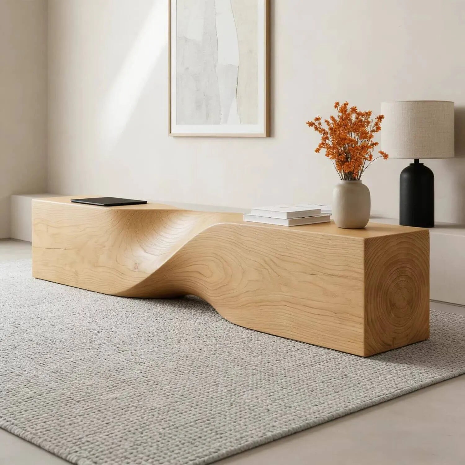 Solid Wood Indoor Accent Bench with Hand-Carved Waves Secondary image
