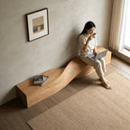 Solid Wood Indoor Accent Bench with Hand-Carved Waves