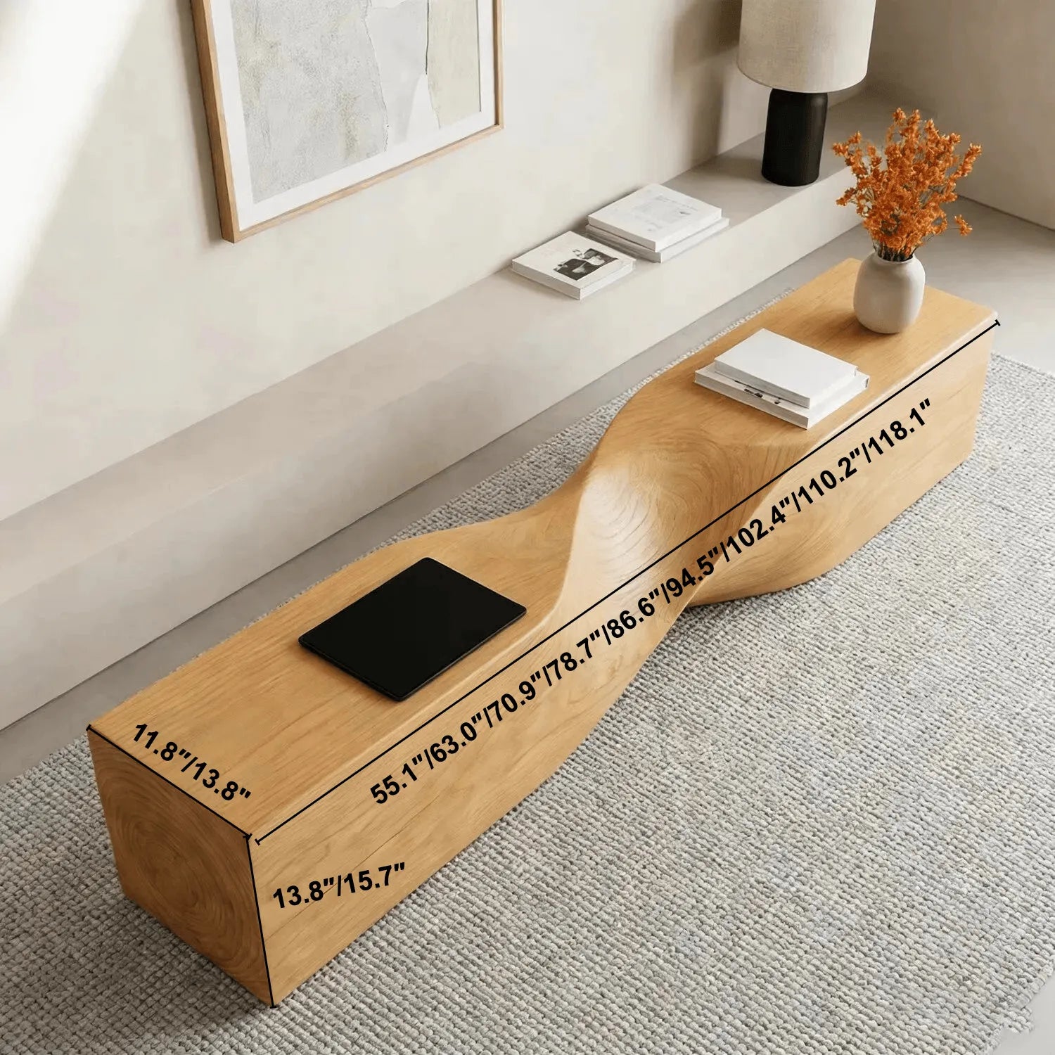 Solid Wood Indoor Accent Bench with Hand-Carved Waves Dimensions