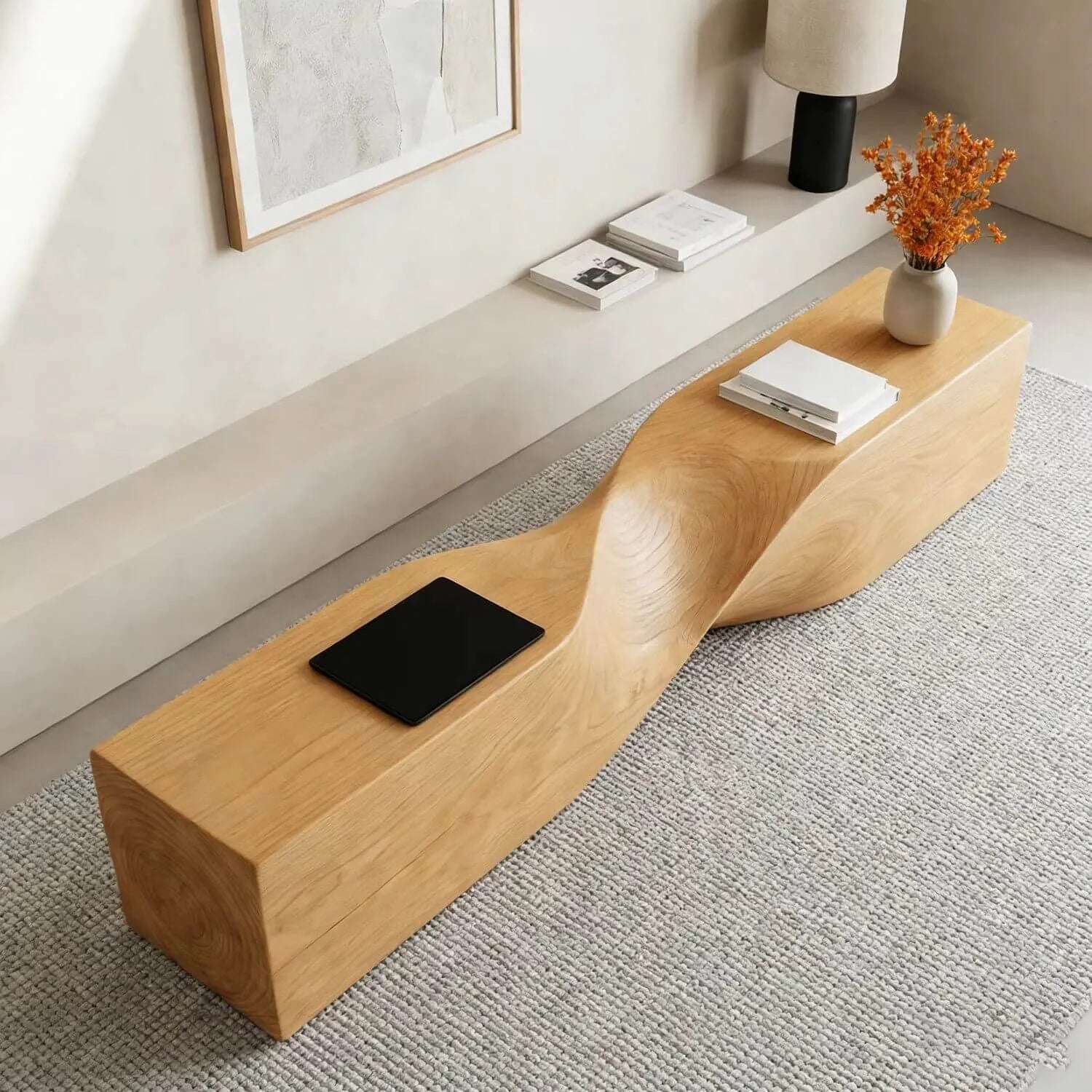Solid Wood Indoor Accent Bench with Hand-Carved Waves Main Product Image Main image