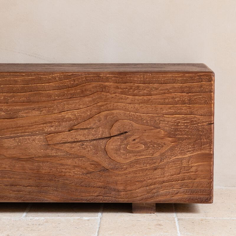 Solid Wood Living Room Bench with Natural Grain and Distressed Brown Finish