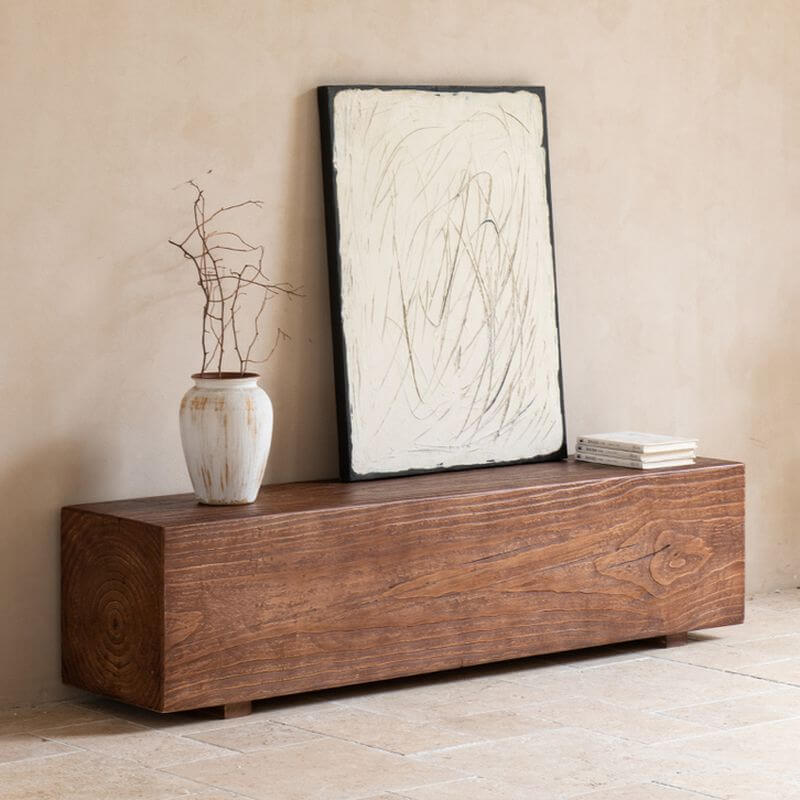 Solid Wood Living Room Bench with Natural Grain and Distressed Brown Finish Main Product Image