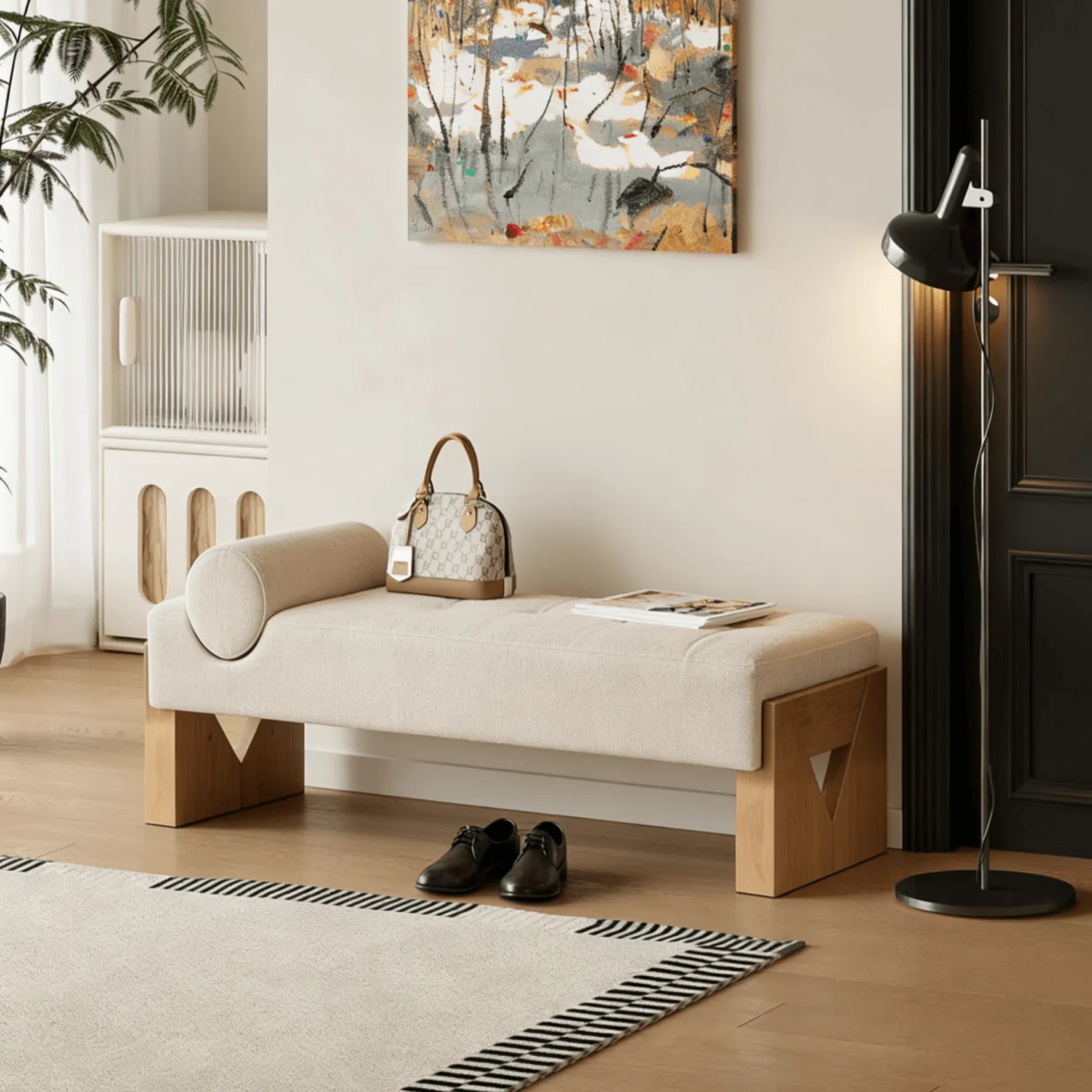 Solid Wood Mid-Century Entryway Bench with Sculptural Tufting and Ergonomic Support