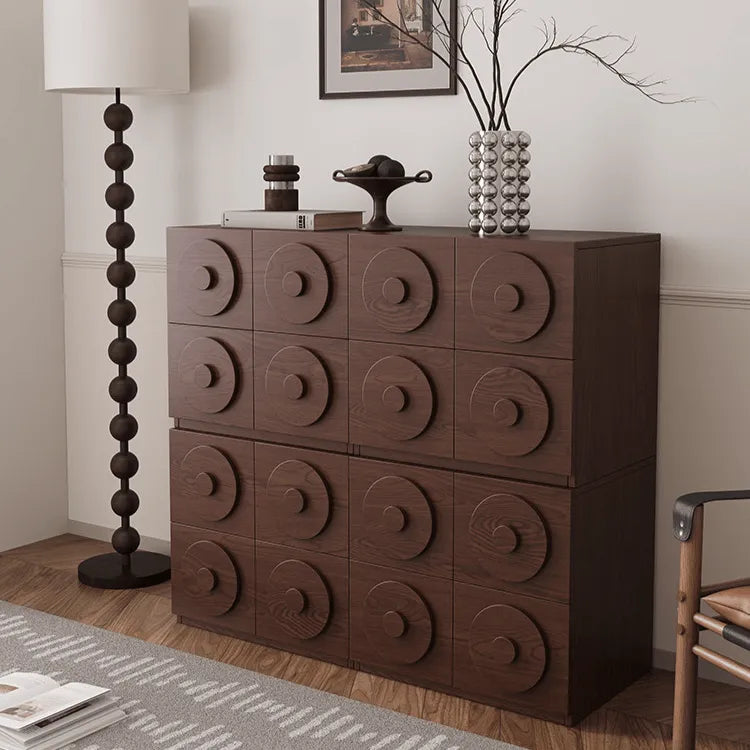 Solid Wood Modular Cabinets With Concentric Relief Detail and Quiet Storage