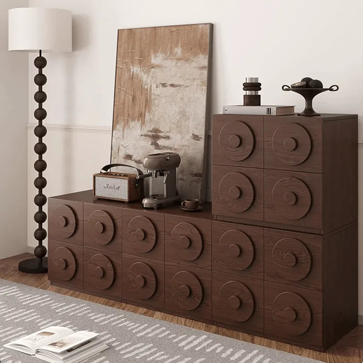 Solid Wood Modular Cabinets With Concentric Relief Detail and Quiet Storage
