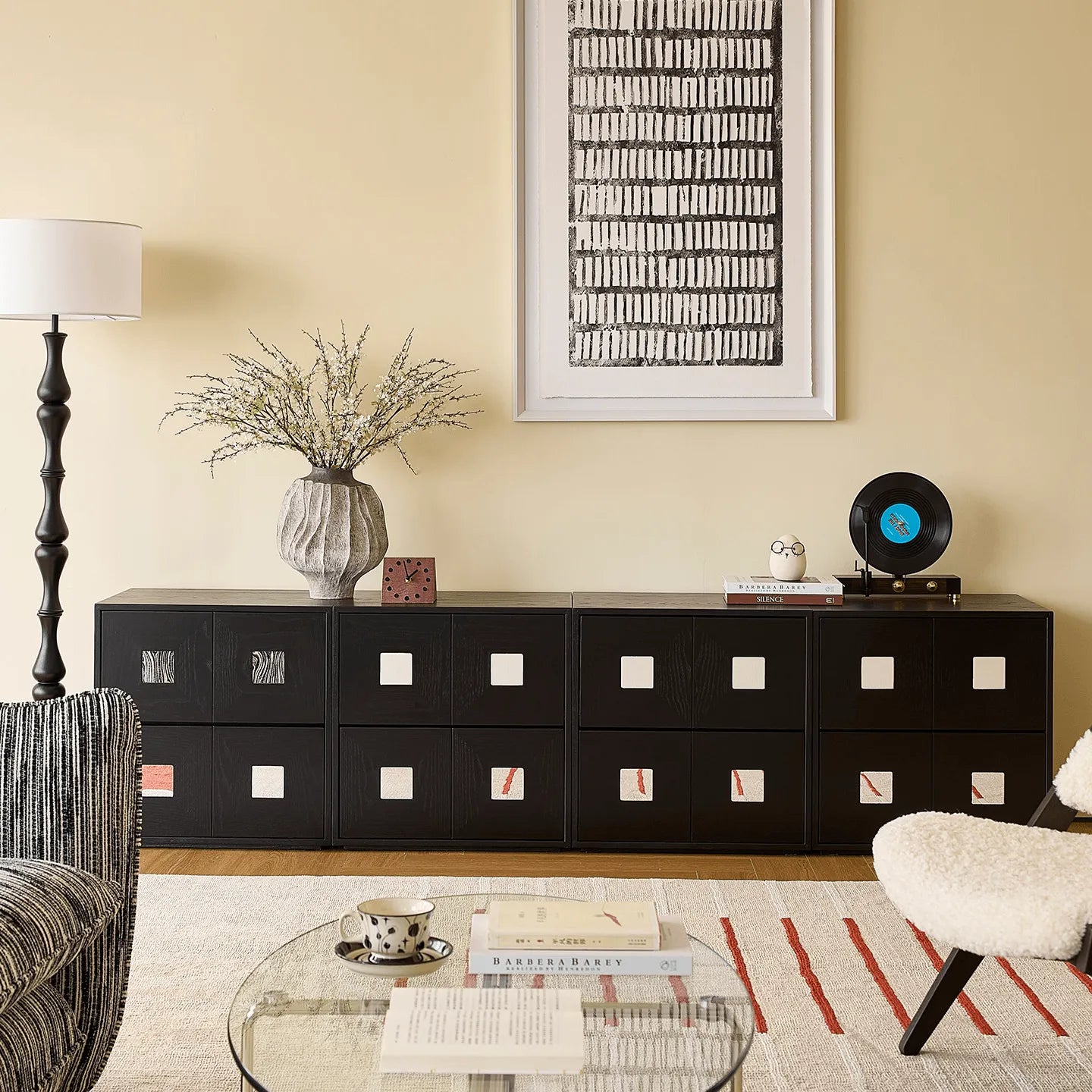 Solid Wood Modular Cabinets with Geometric Inlay Panels and Quiet Storage