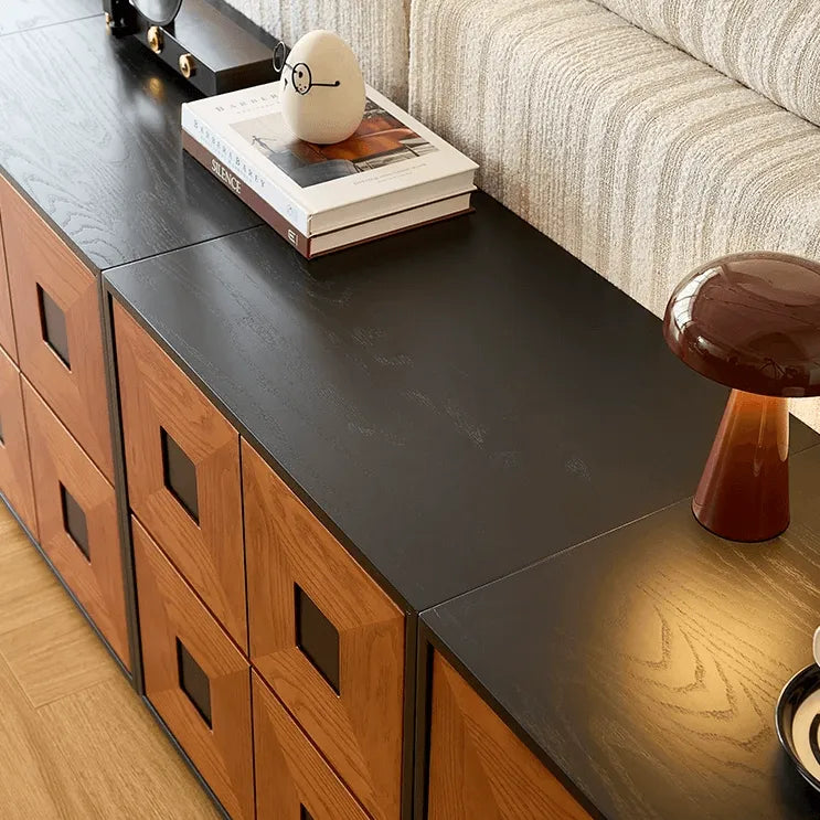 Solid Wood Modular Cabinets with Geometric Inlay Panels and Quiet Storage
