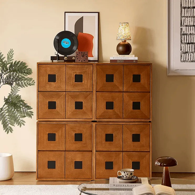 Solid Wood Modular Cabinets with Geometric Inlay Panels and Quiet Storage