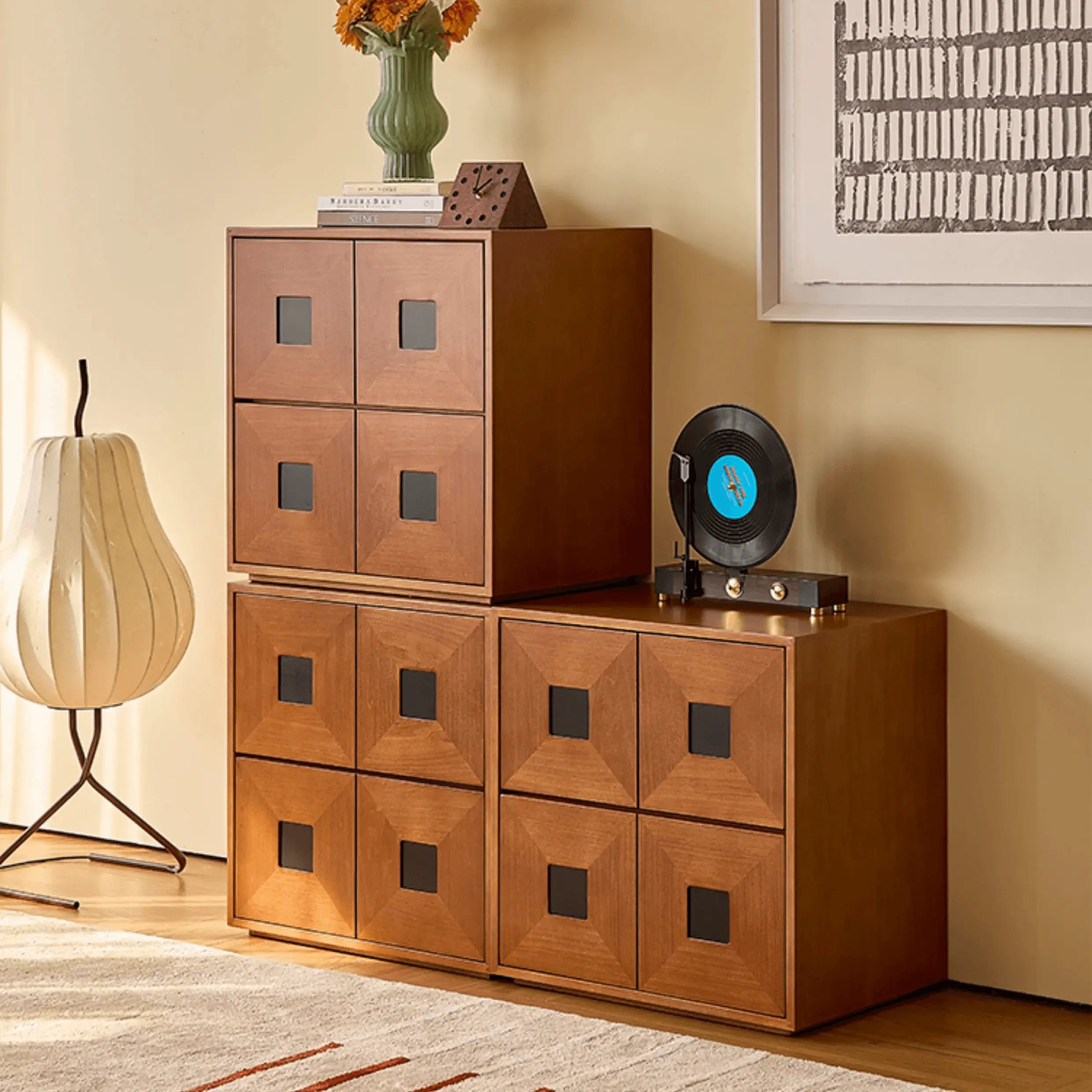 Solid Wood Modular Cabinets with Geometric Inlay Panels and Quiet Storage Main Product Image