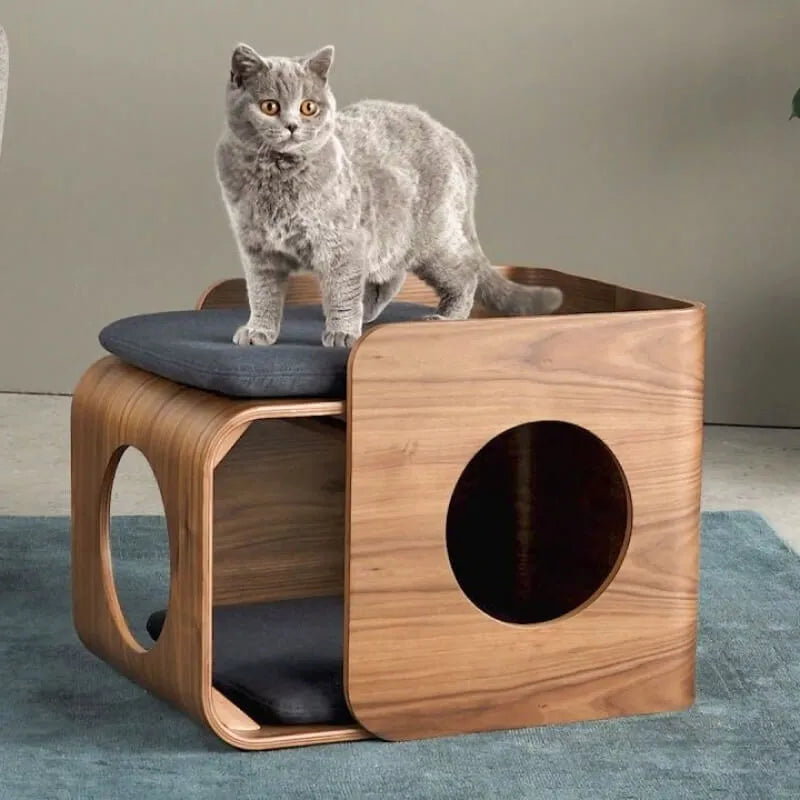 Solid Wood Modular Cat Cube Stool in Japandi Minimalist Style