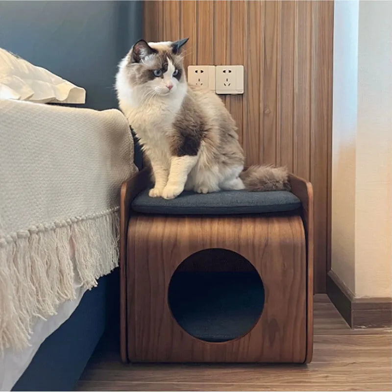Solid Wood Modular Cat Cube Stool in Japandi Minimalist Style