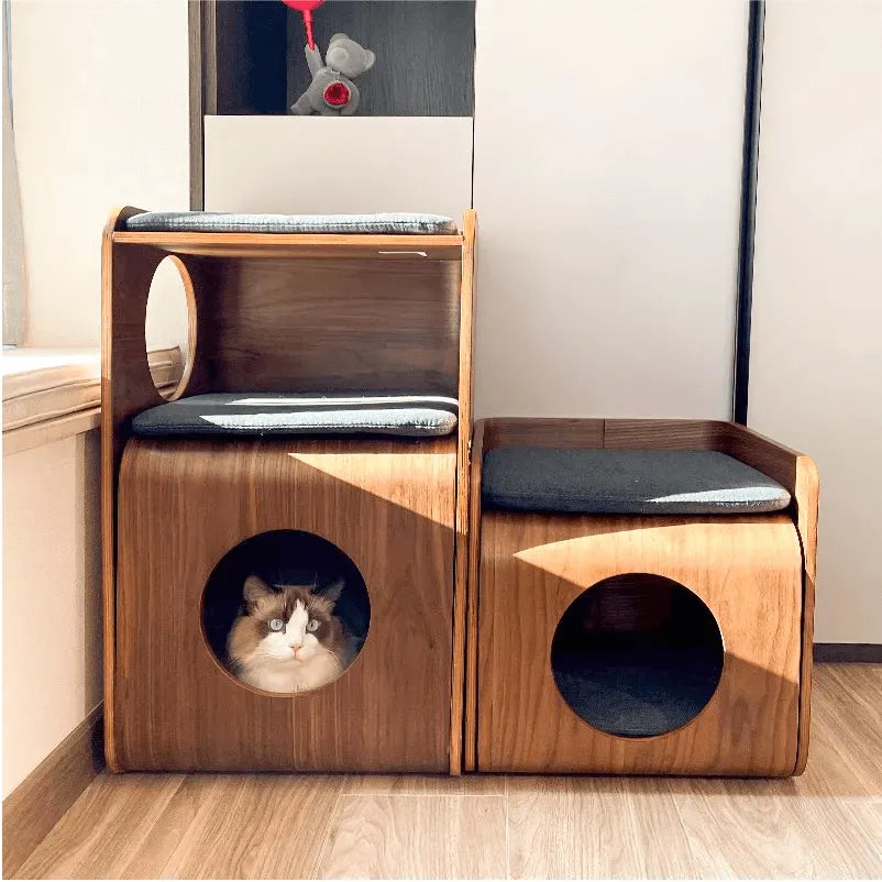 Solid Wood Modular Cat Cube Stool in Japandi Minimalist Style