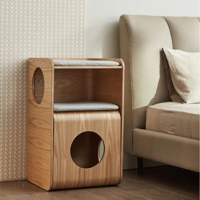 Solid Wood Modular Cat Cube Stool in Japandi Minimalist Style