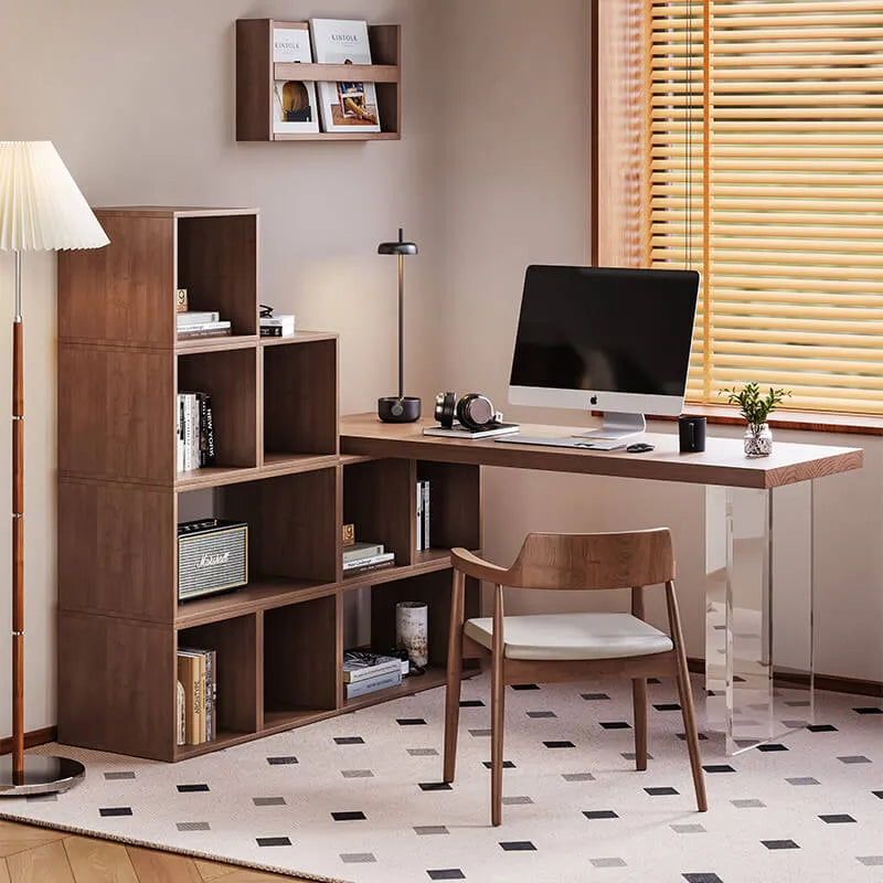 Solid Wood Office Desk Series with Acrylic Support, Shelves and Open Storage