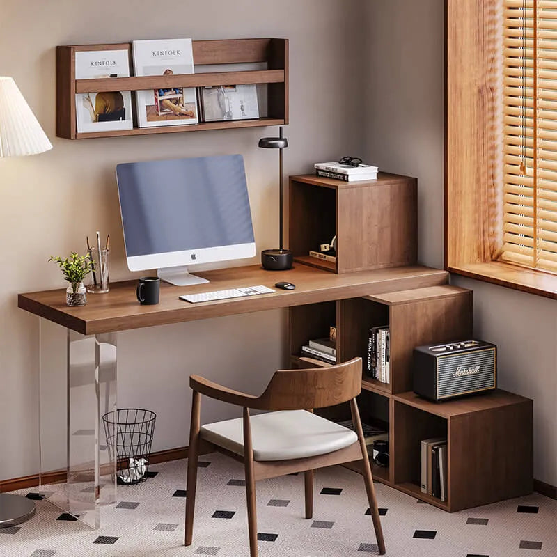 Solid Wood Office Desk Series with Acrylic Support, Shelves and Open Storage