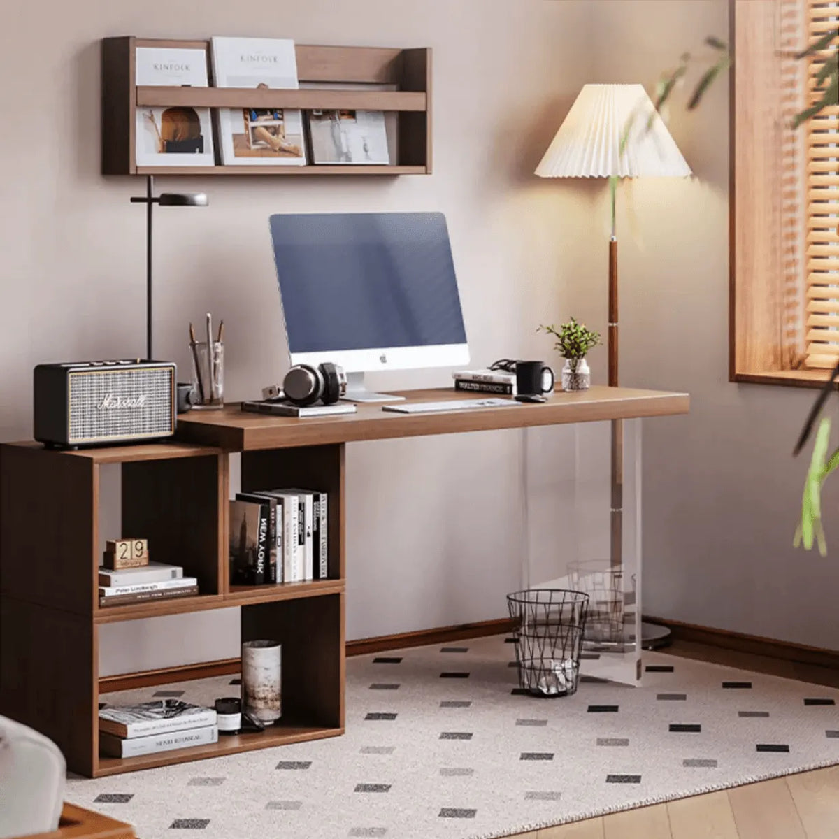 Solid Wood Office Desk Series with Acrylic Support, Shelves and Open Storage