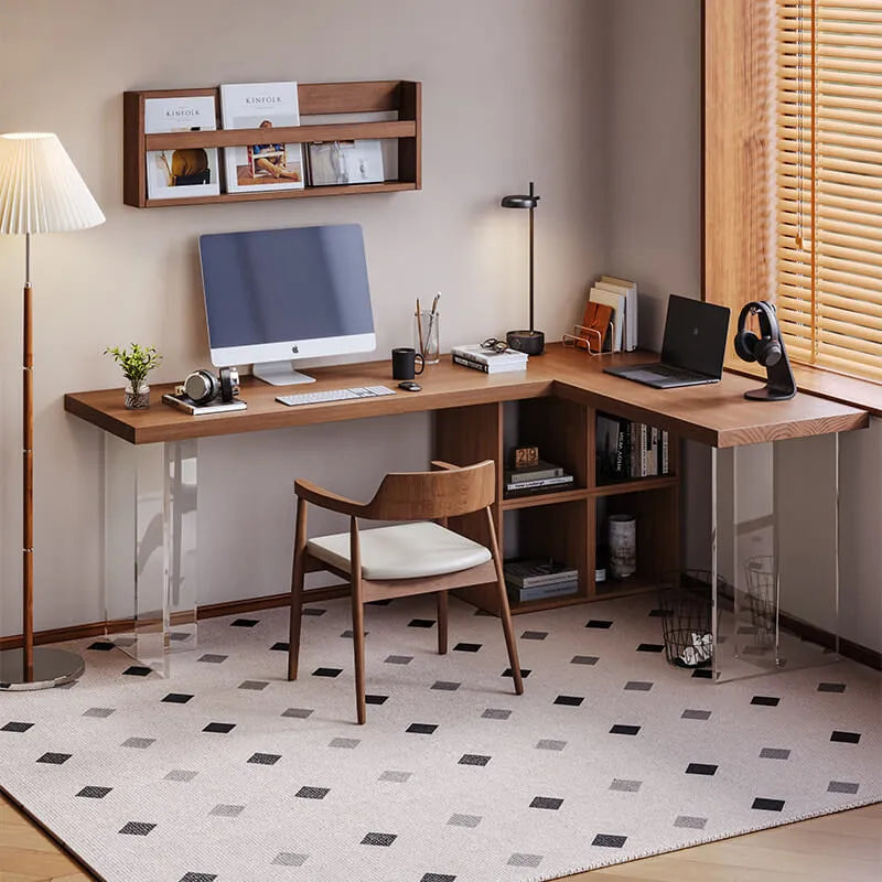 Solid Wood Office Desk Series with Acrylic Support, Shelves and Open Storage
