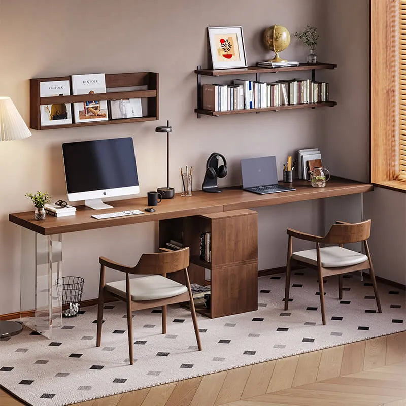 Solid Wood Office Desk Series with Acrylic Support, Shelves and Open Storage