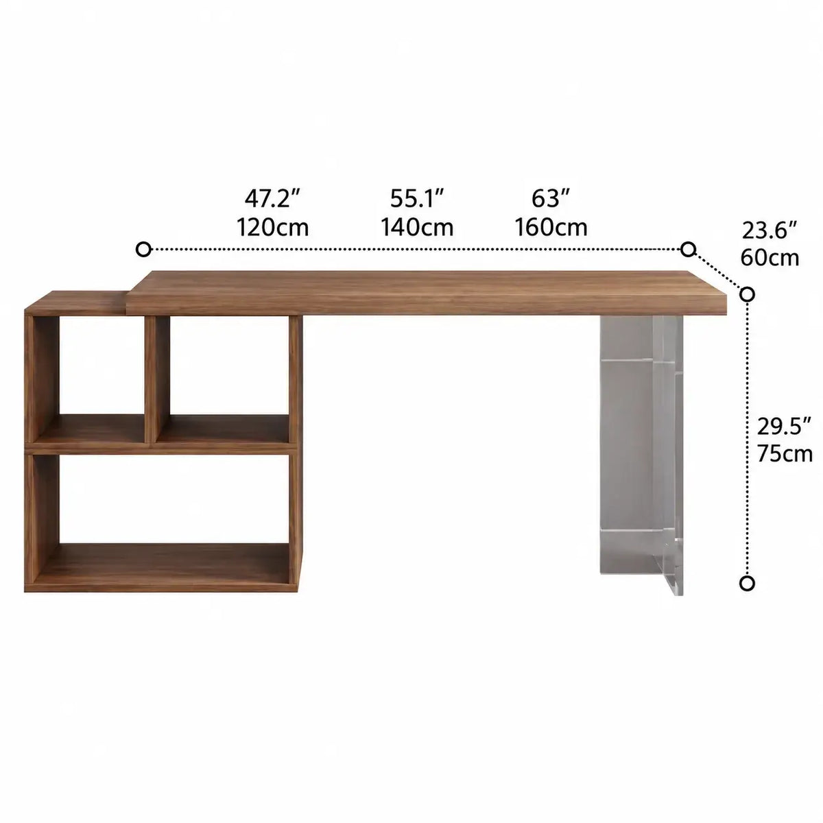 Solid Wood Office Desk Series with Acrylic Support, Shelves and Open Storage Dimensions