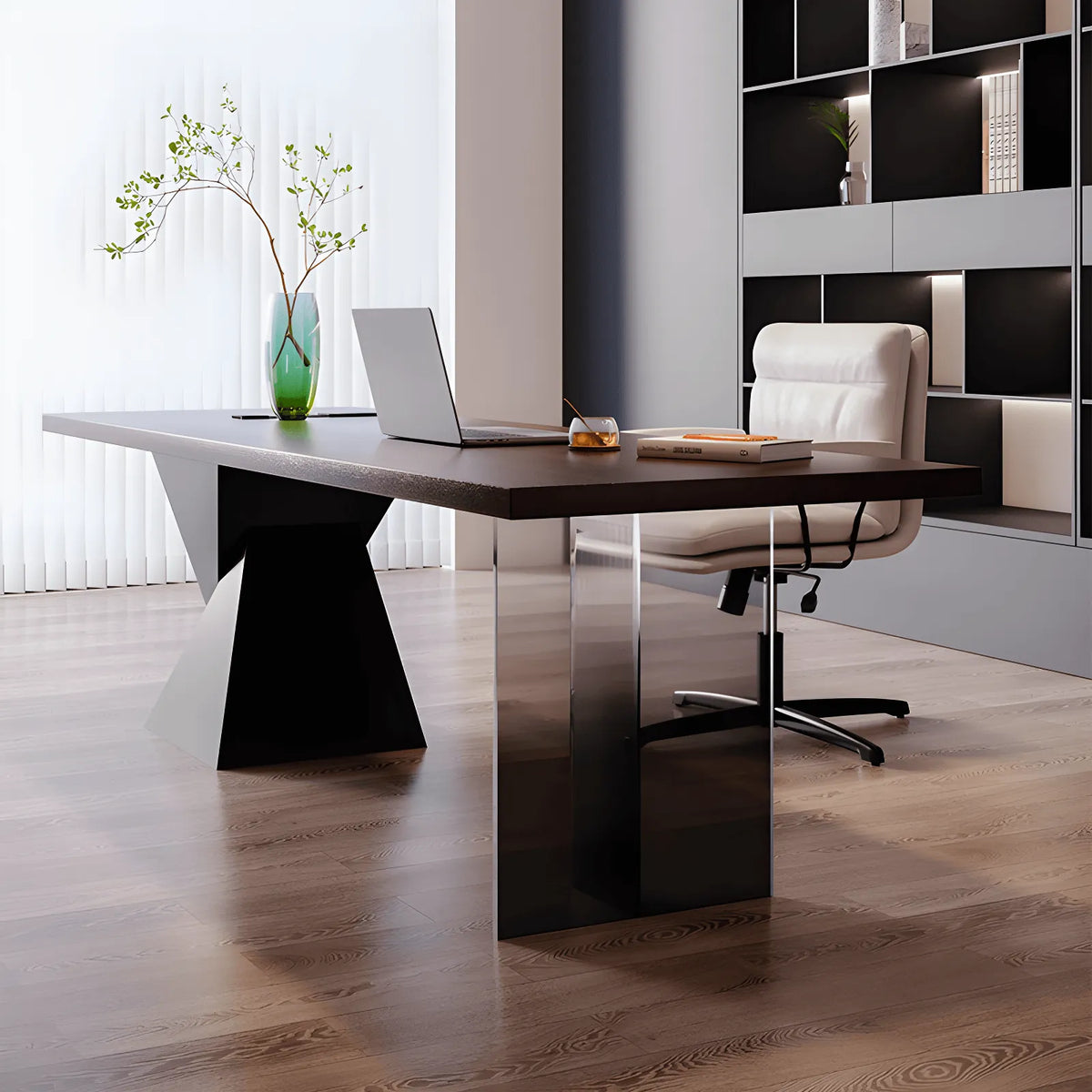 Solid Wood Office Desk with Acrylic Base, Sculptural Minimalist Series