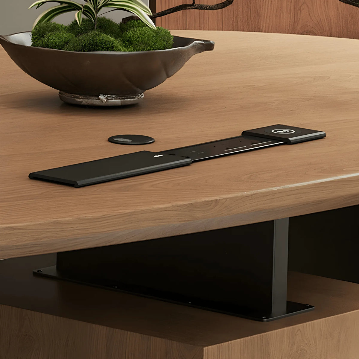 Solid Wood Office Desk with Curved Acrylic Leg and Side Storage
